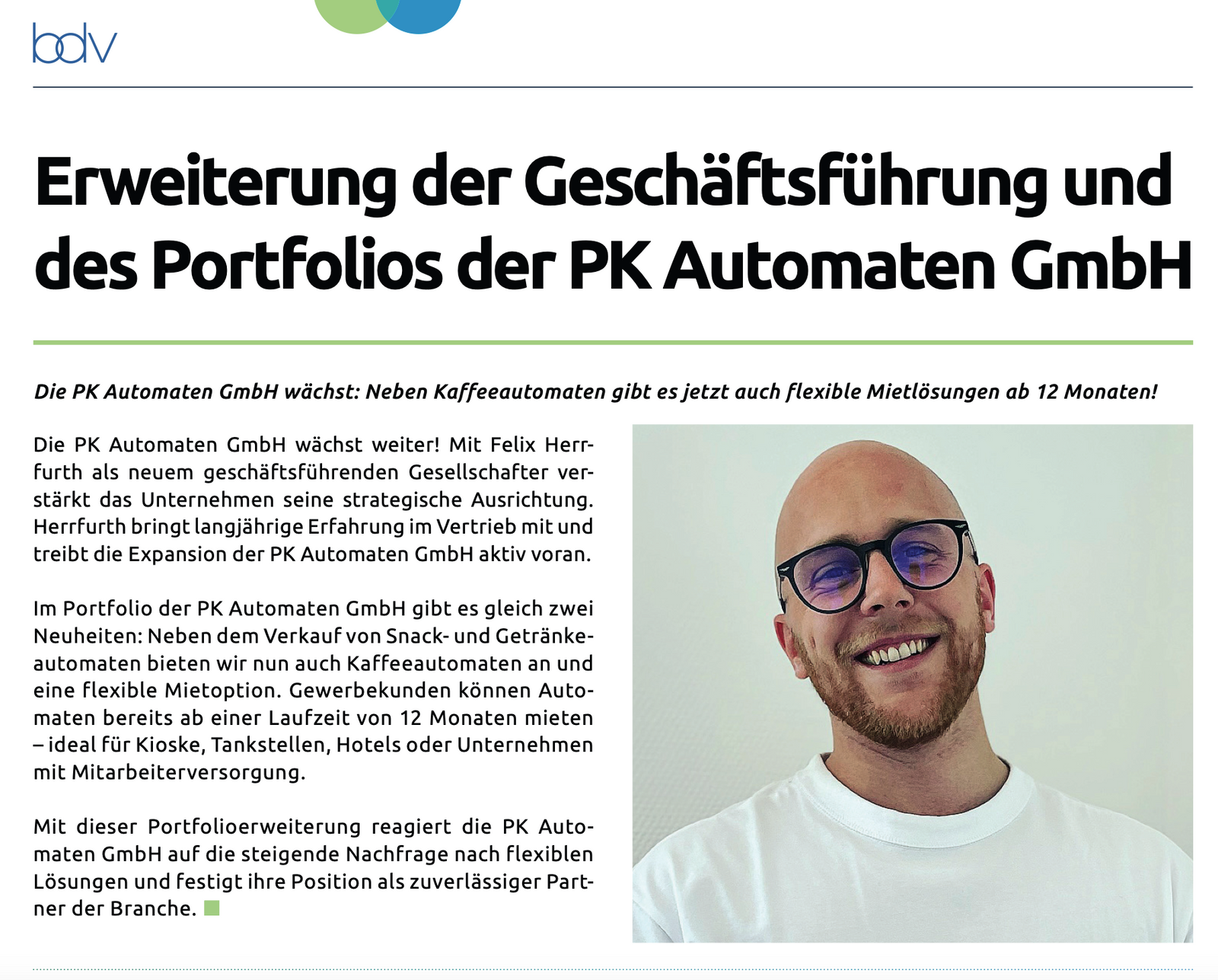 Erweiterung der Geschäftsführung und des Portfolios der PK Automaten GmbH